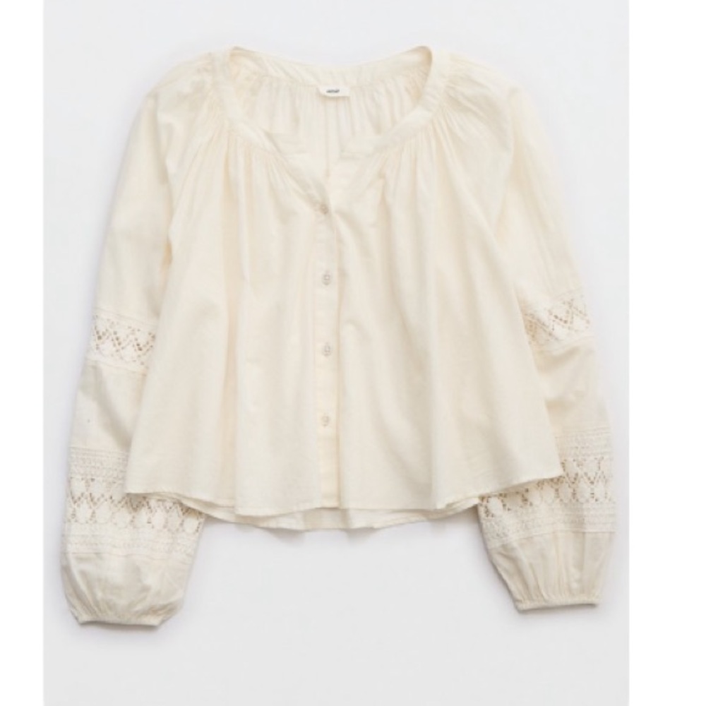 aerie Cream Button-Front Peasant Blouse with Lace Insets